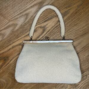 Vintage 1960s Beaded Kisslock Laura Brand Evening Bag Top Handle Ivory Clutch